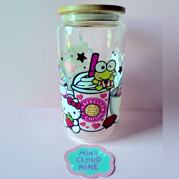 ❗️2/$22❗️CAN GLASS CUP BAMBOO LID & STAINLESS STEEL STRAW - #HELLO KITTY FROG - Picture 1 of 6